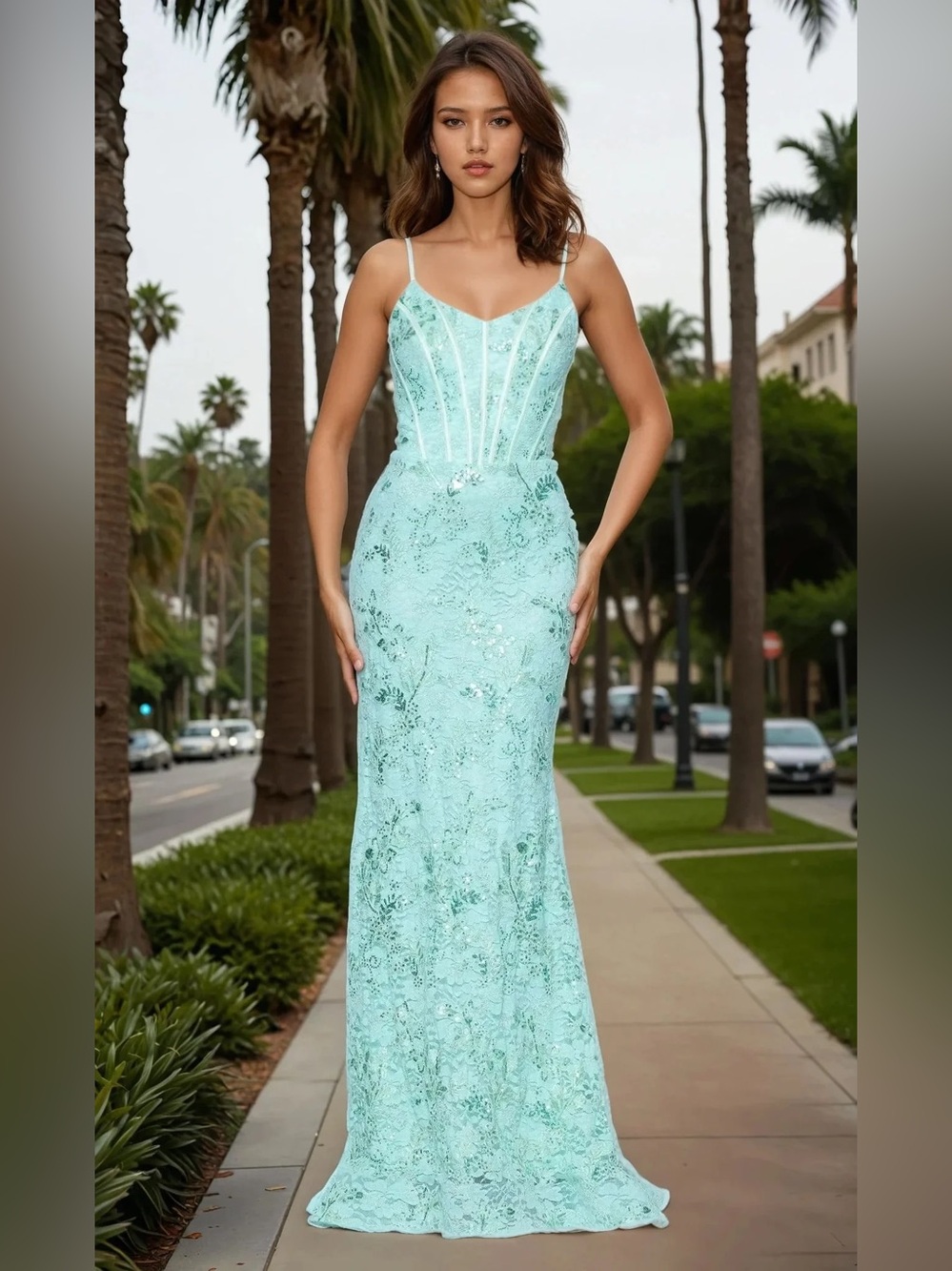 Betsy & Adam Light Aqua Laced Corset Spaghetti-Strap Evening Gown
